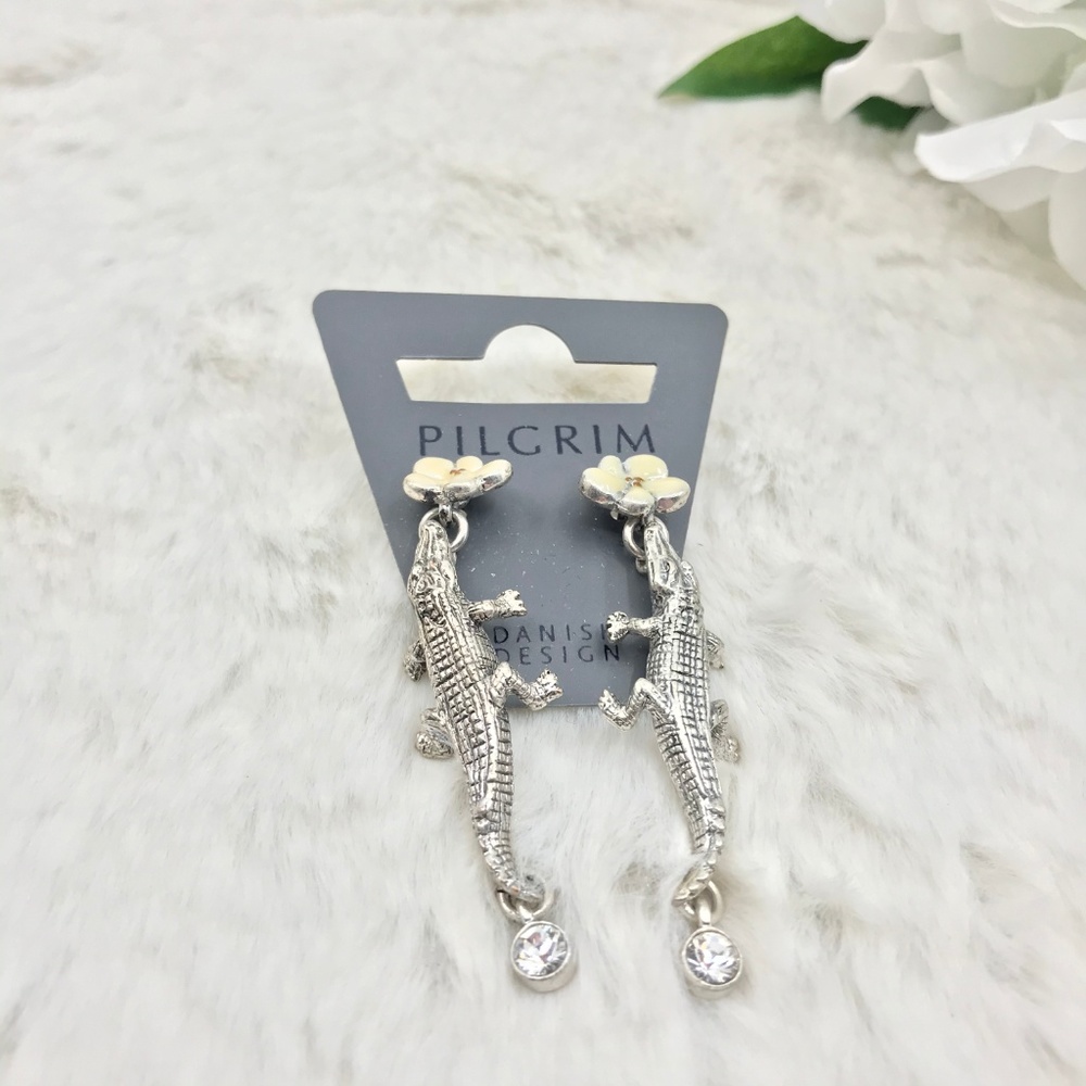 Silvertone White Enamel Crystal Alligator Earrings - Picture 7 of 8